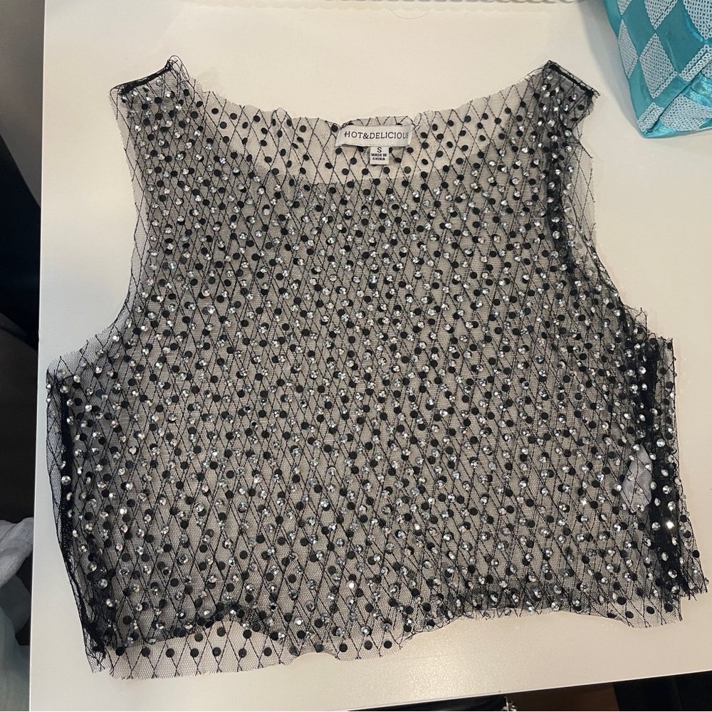 Hot & Delicious Black Beaded Mesh Crop Tank - Picture 2 of 3